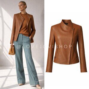 Classic | Theory Camel Lamb Leather Asymetrical Zip Up Jacket | Quiet Luxury | M